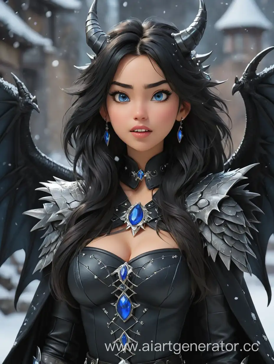 The girl stands with her arms crossed and her tongue hanging out. She has very long black hair with a crown in the form of eight dragon horns on her head. On her neck she has a fluffy black fur collar with sparkles, from which extends a long black robe in the form of dragon wings with shoulder pads with spikes. She wears a short leather strapless top and black leather pants with high lace-up boots and high heels. She has large breasts and toned abs. She wears silver jewelry with blue sapphires. Her eyes are blue with cat-like pupils. her hands have silver claws, and her mouth is studded with sharp snow-white fangs.She is very horny and hot
