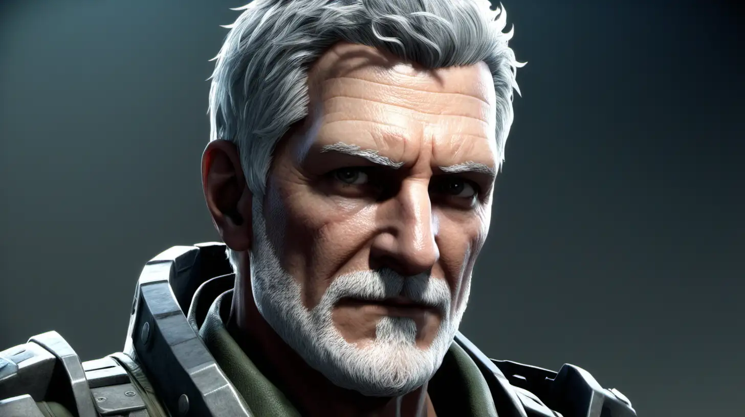 a grey haired man with very short hair and a short grey beard in the style of the video game battlefield