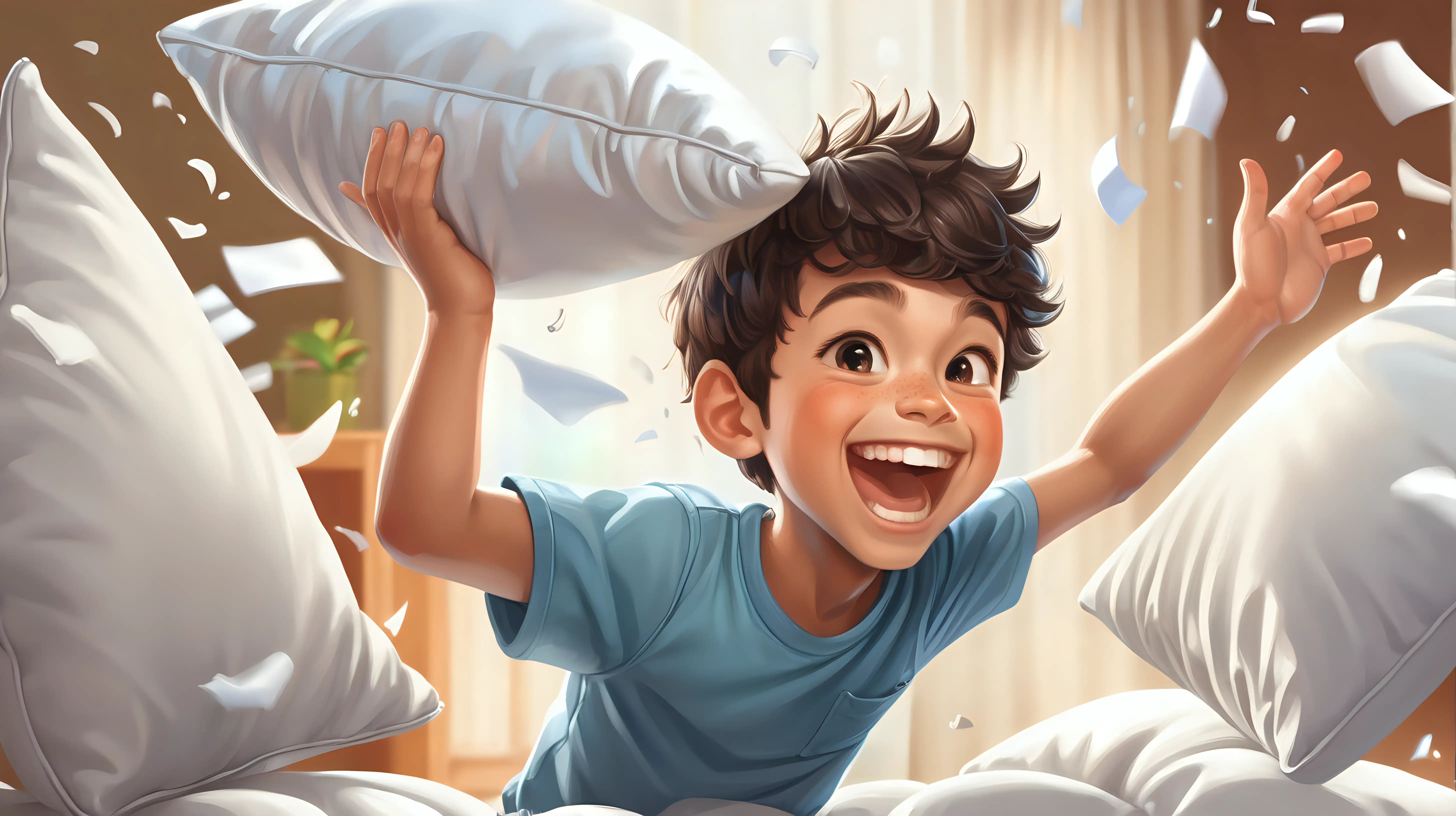 Joyful Pillow Fight Playful Boy Laughter in Action