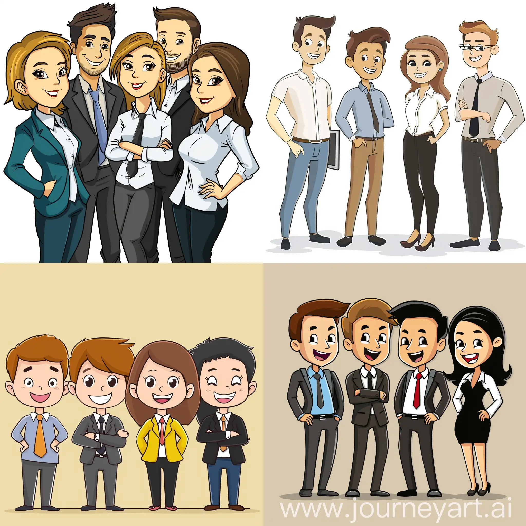 A friendly cartoon of four office workers in a cartoon style
