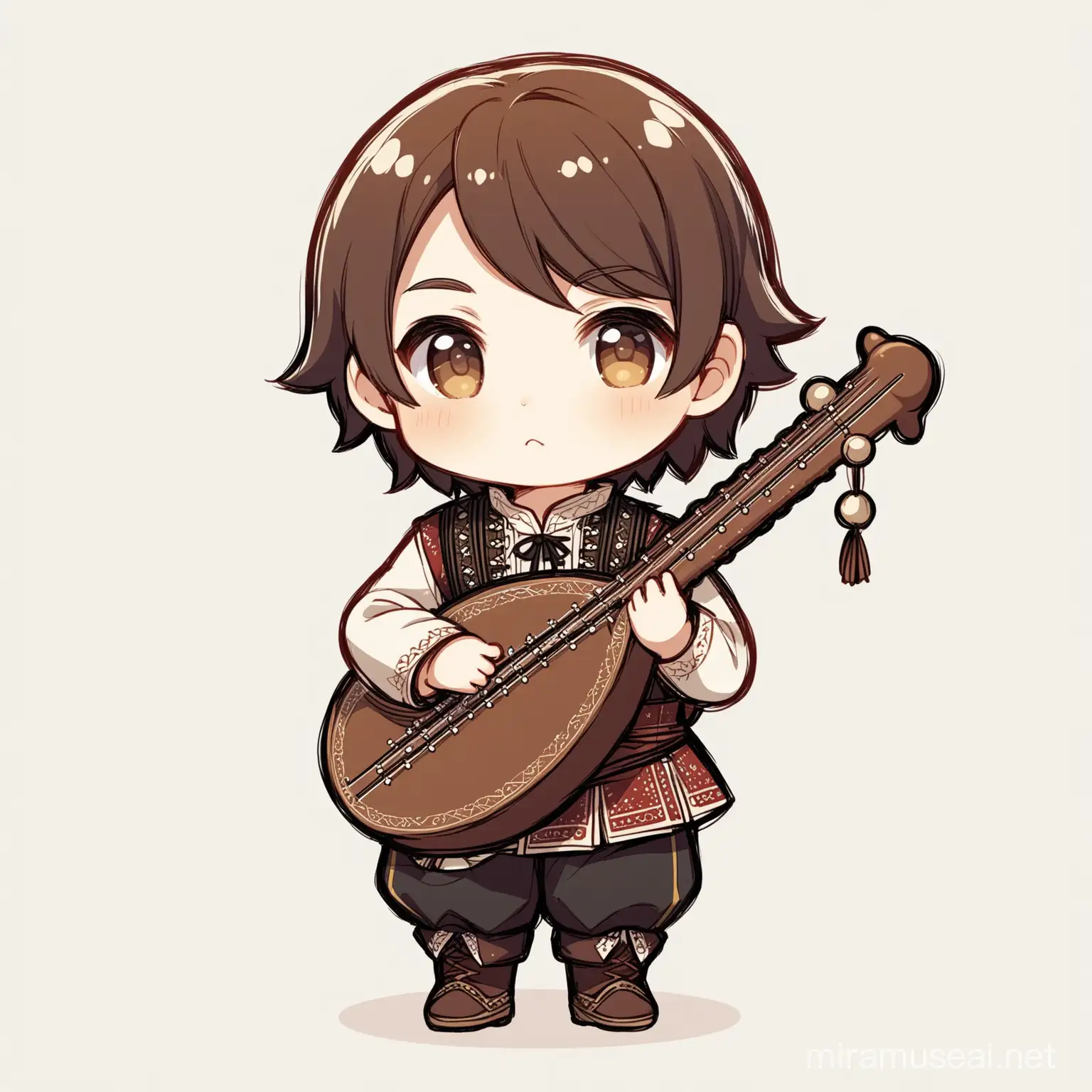 male child bard with a hurdy gurdy on white background full body chibi style