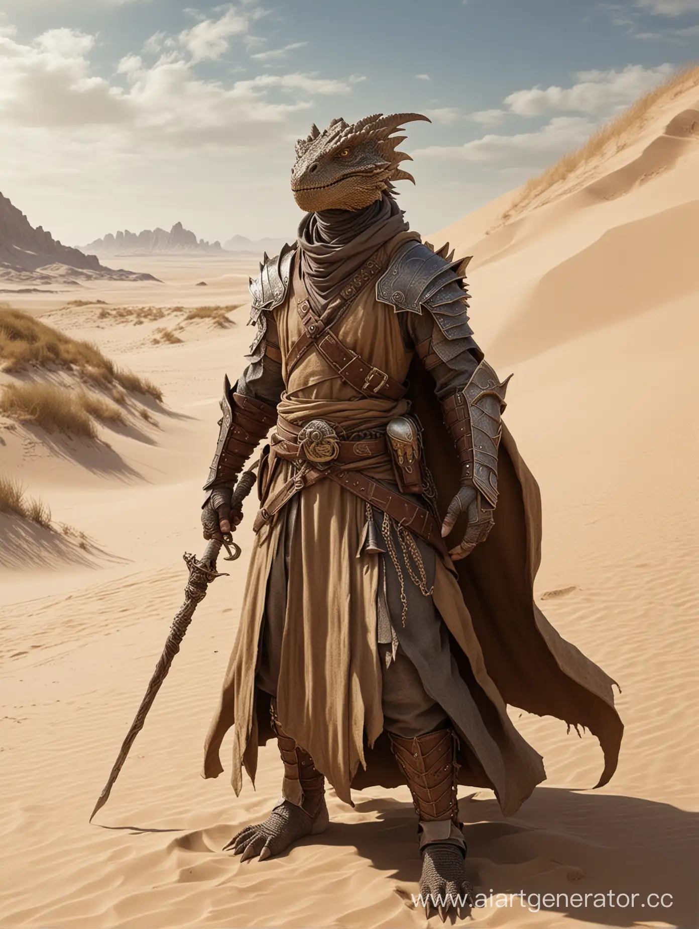 Персонаж фентези колдун драконорожденный в восточном стиле без шлема с лицом похожим на ящерицу на фоне бархана 
