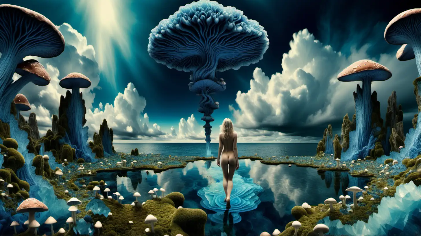 Psychedelic landscape, crystalline deep blue mineral clouds, with nude woman ascending up into the sky, Moss, mushrooms, and sea water on the ground