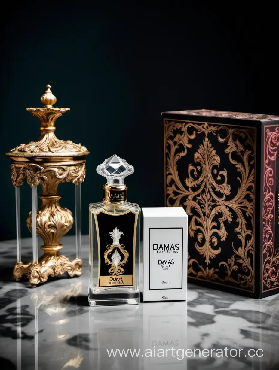 a bottle of damas cologne sitting next to a box, a flemish Baroque by Demetrios Farmakopoulos, instagram contest winner, dau-al-set, dynamic composition, contest winner, feminine