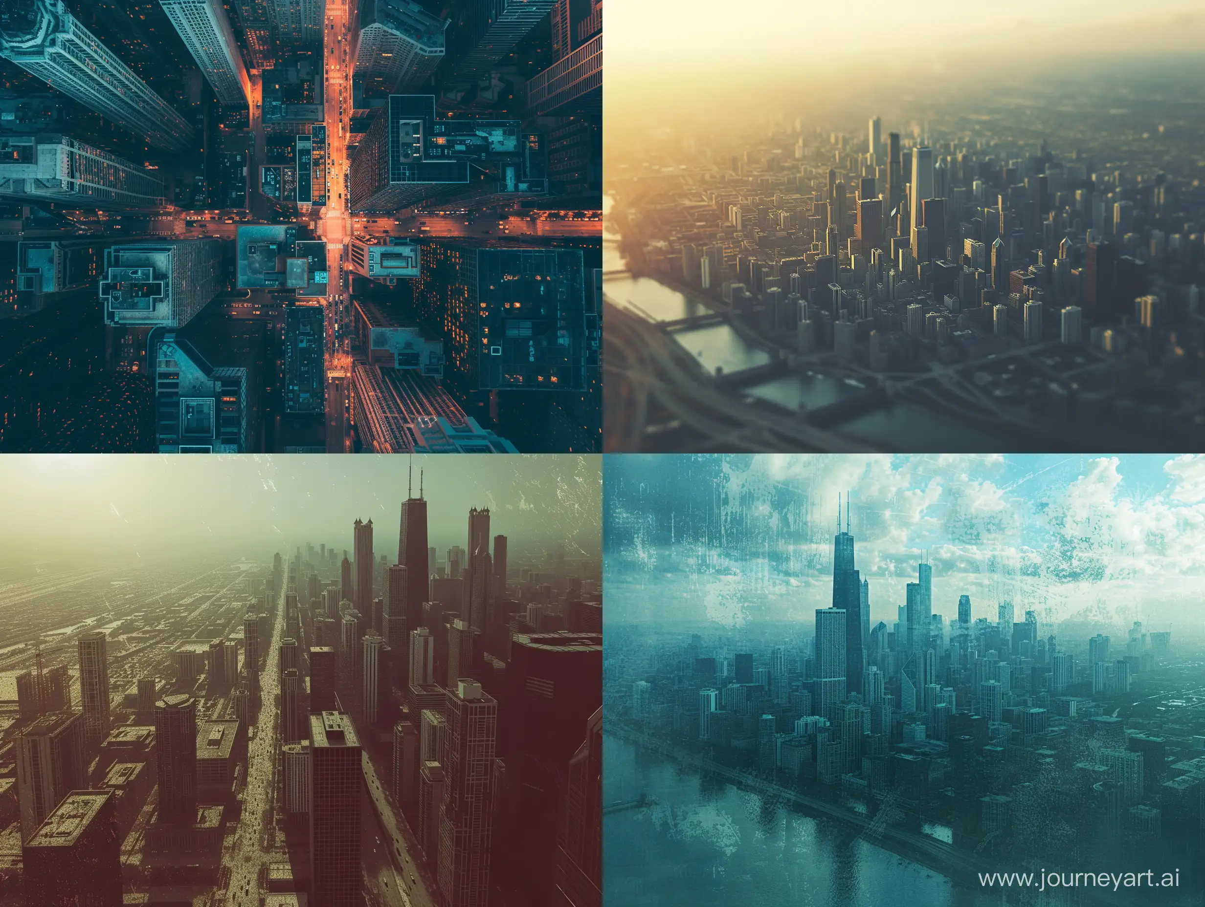 a phone photo of a futuristic sci fi Chicago cityscape, style raw posted on reddit in 2019, environment, Chicago, film grain. drone view,
