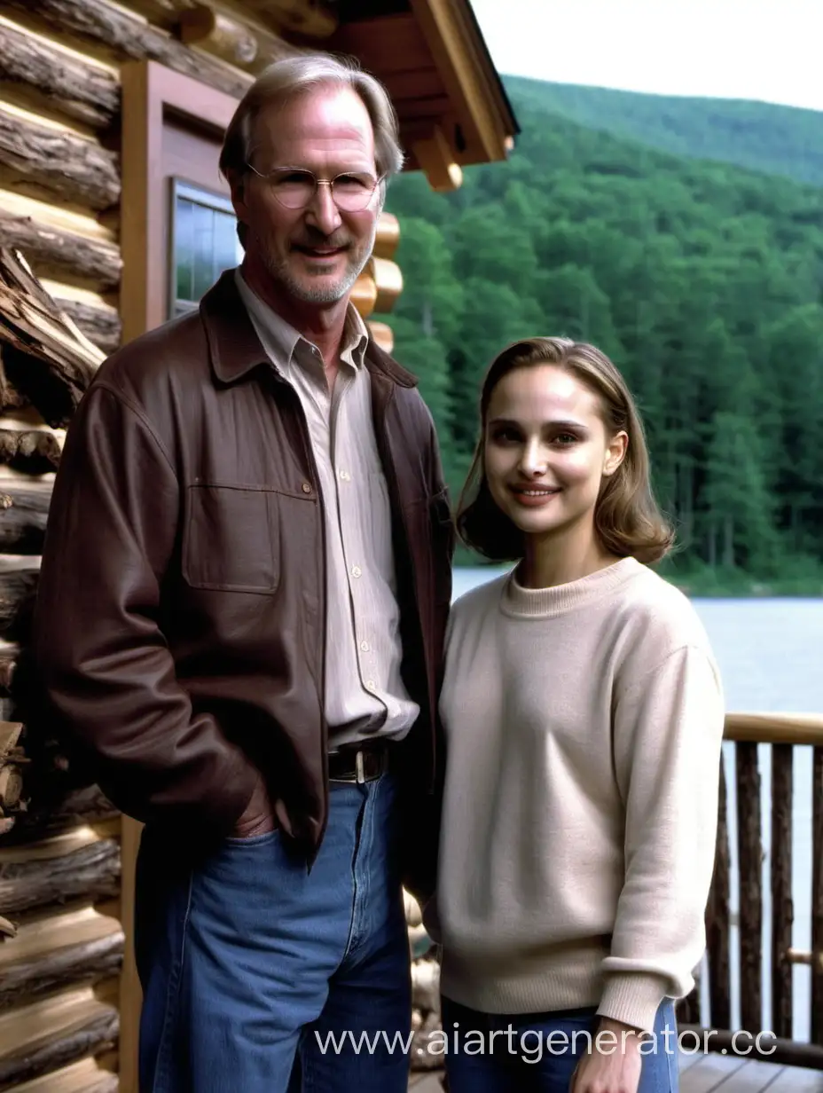 William hurt and Natalie portman, smiling, standing in front of a door to a log house in the woods, lake in background, close up