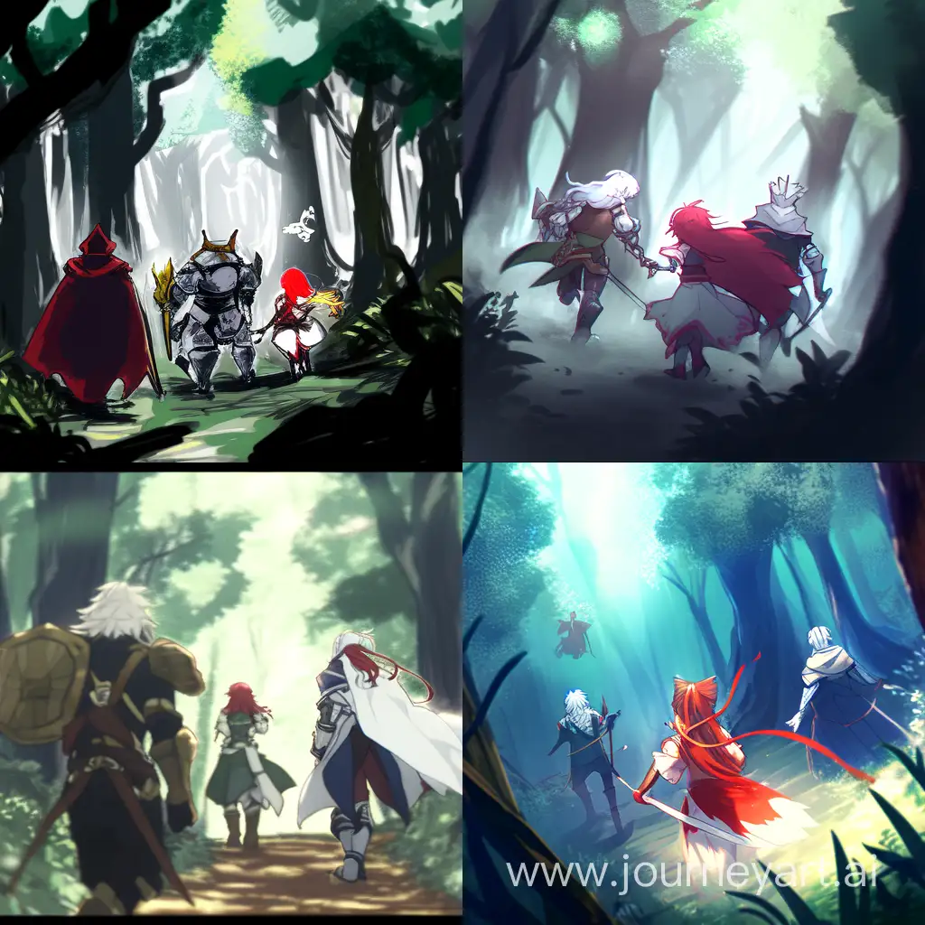 Forest with three people:
(man, wizard, red hair)
(man, ranger with bow)
(Woman, white hair, armoured)
Sketch