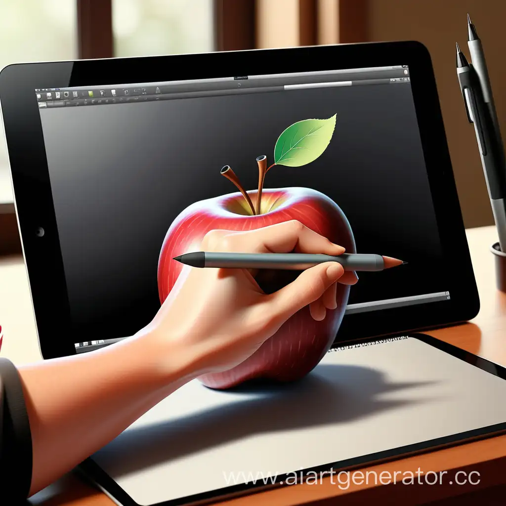 Digital-Illustration-of-Hand-Holding-Stylus-Drawing-Apple-on-Graphics-Tablet