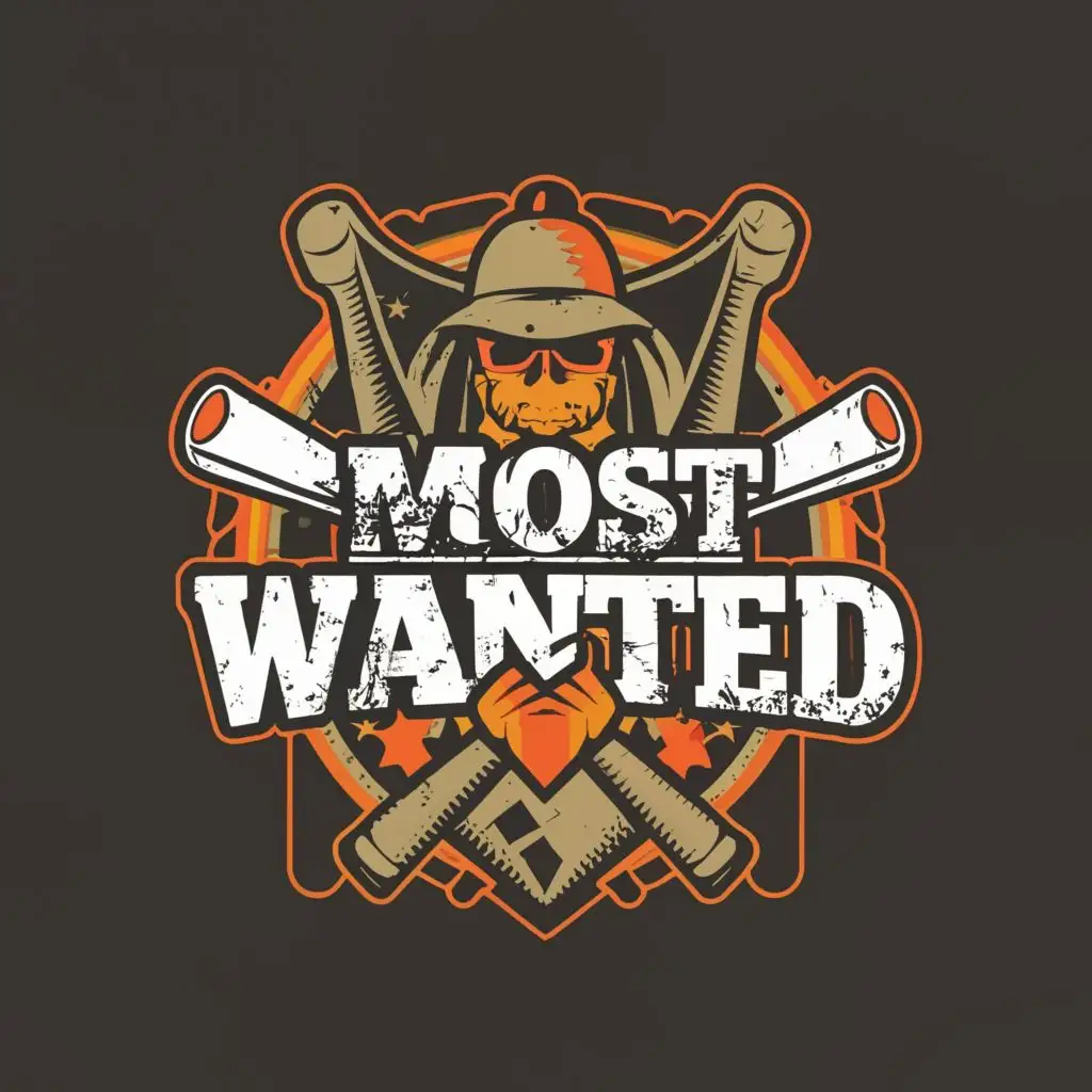 logo, BEATING WITH BAT, with the text "MOST WANTED", typography