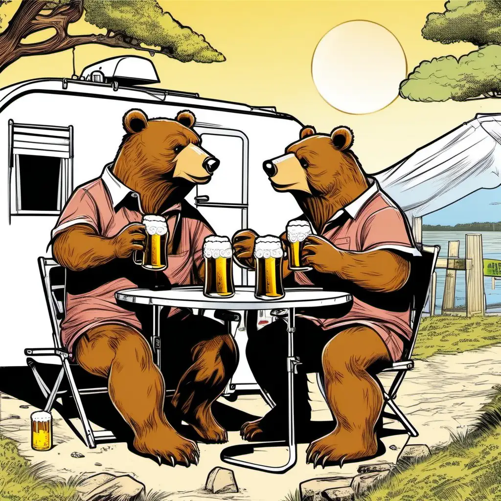 Two bears romantically drinking beer in front of the caravan (comic style)