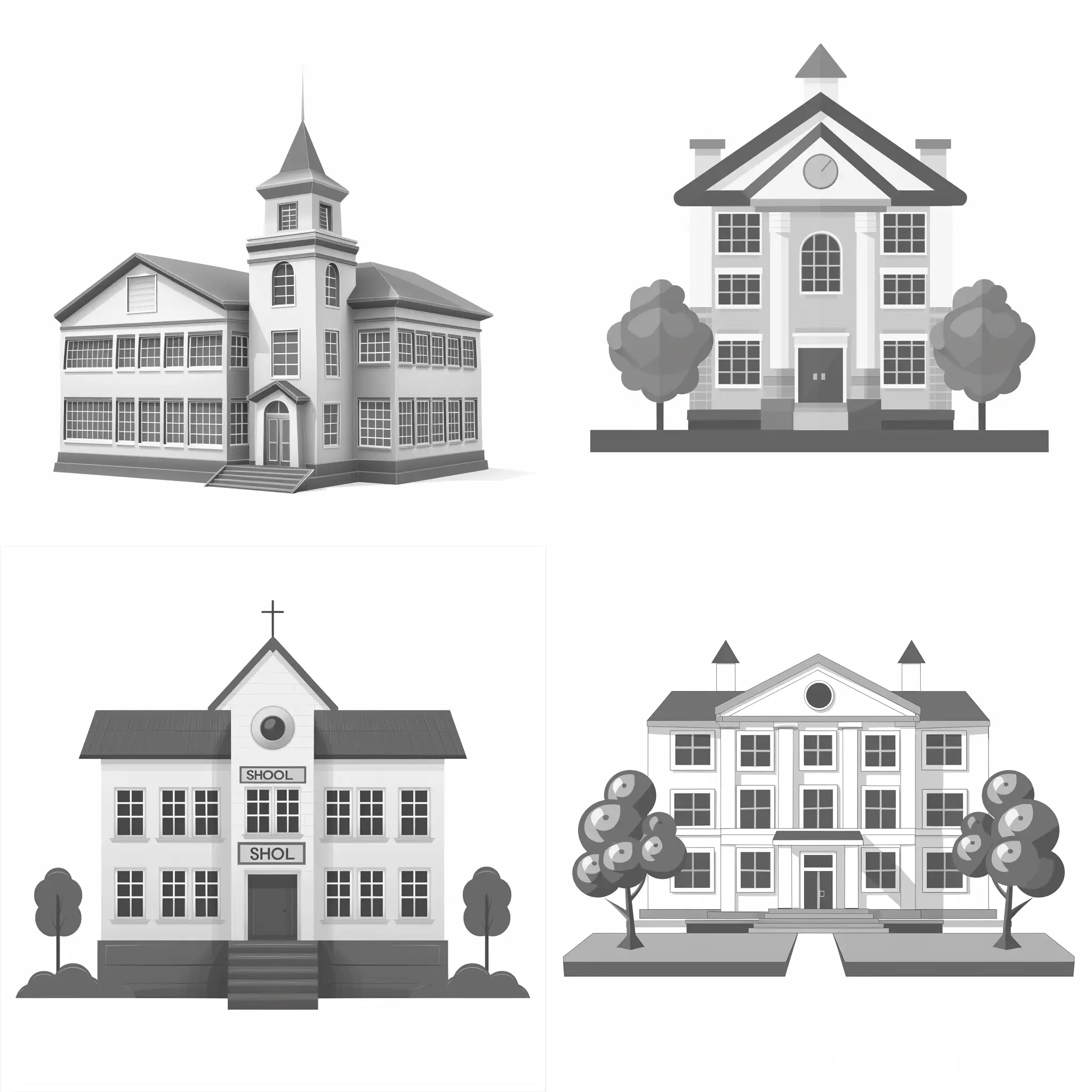 Please generate me picture of "school building" in SVG format. Picture must have only two colors only gray and white. Picture must be primitive, minimal vertex. Size must be 180x120px and inset padding 20px