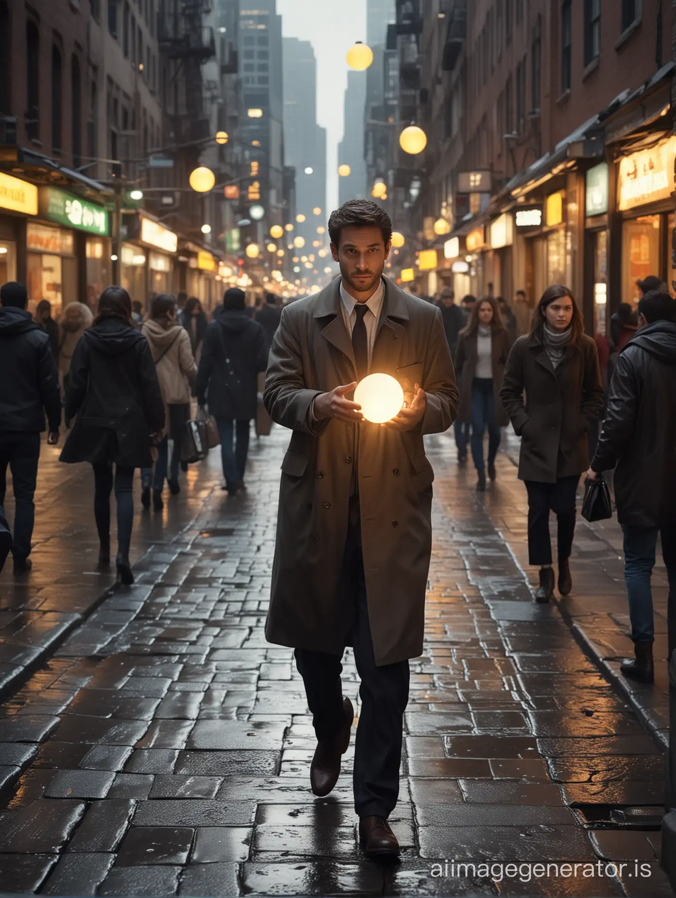 Please create an ultra-realistic image that portrays the concept of being prepared for opportunity. The setting is a busy urban environment with diverse people walking, which symbolizes the constant flow of opportunities. Focus on one individual in professional attire confidently catching a brightly glowing orb that represents 'opportunity', amidst a backdrop of a regular city life scene. Ensure that the image captures a decisive moment that clearly shows the person's readiness and ability to seize the opportunity. The lighting should be natural, just like a sunny day, to enhance the realism. The expression on the individual's face should convey anticipation and readiness, not reliance on luck, but on preparation and ability