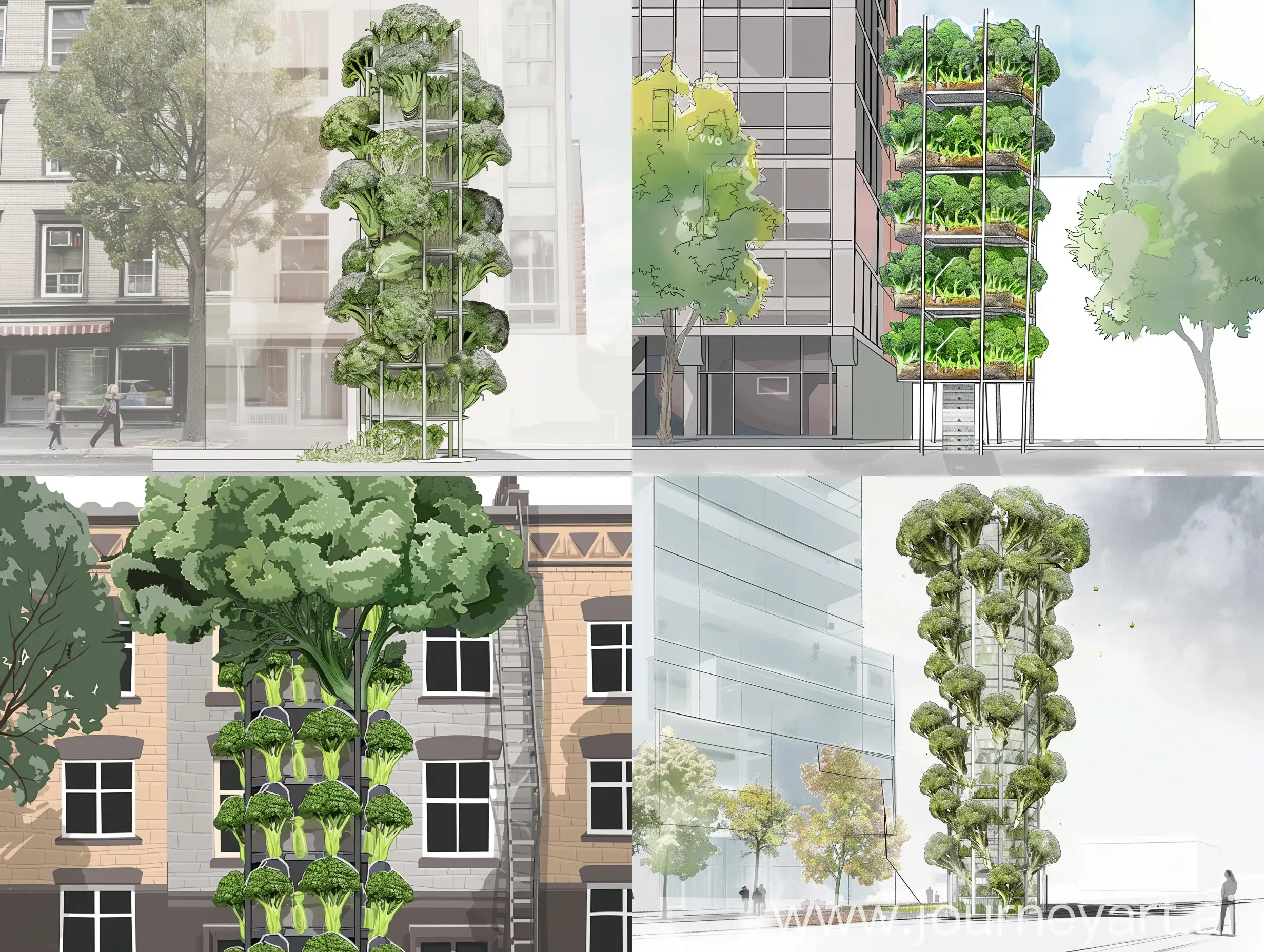 draw vertical hydroponic tower growing vegetable like broccolis coleslaw ... on building facade