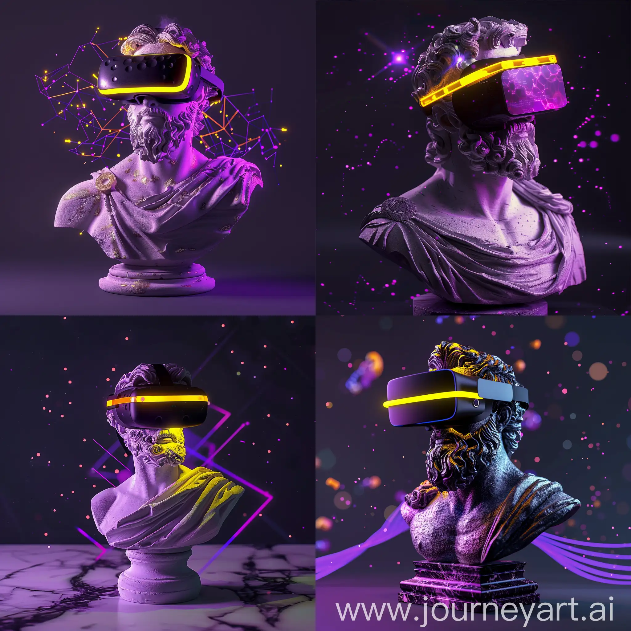 Dreamy-Pose-of-Zeus-Bust-Sculpture-with-VR-Glasses-and-Purple-Light-Reflections