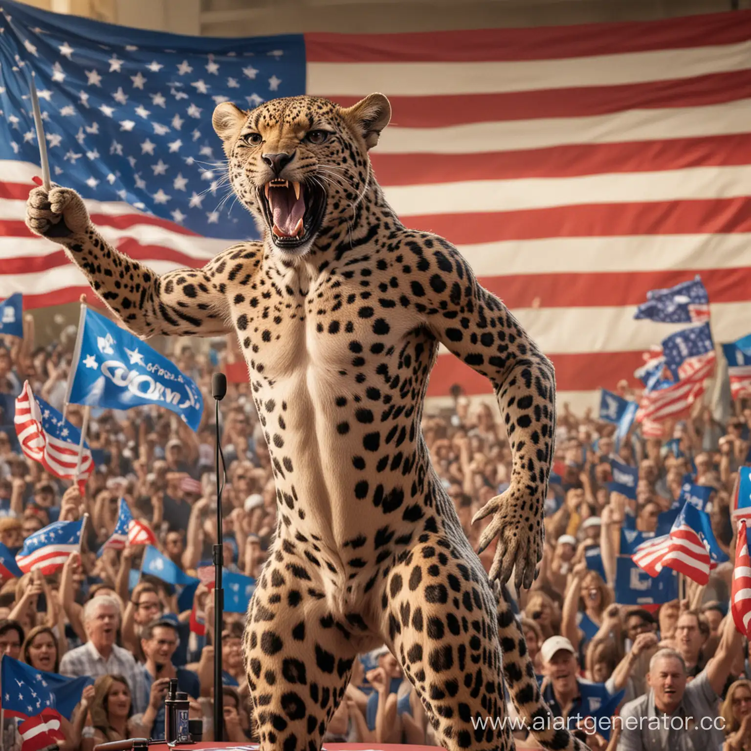 Огромный накаченный голый леопард, стоящий к зрителю лицом, за кафедрой агитирует за свою кандидатуру на выборах президента. Сзади должны быть флаги с символикой Ежа Соника.