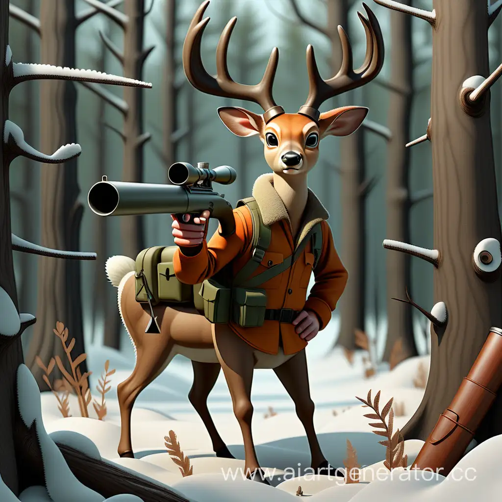 Whimsical-Deer-Hunter-in-a-Playful-Forest-Scene