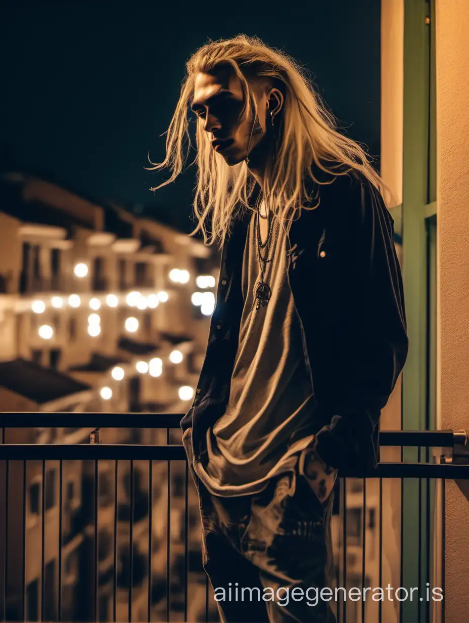 Young-Man-with-Eyebrow-Piercings-Smoking-on-Balcony-at-Night