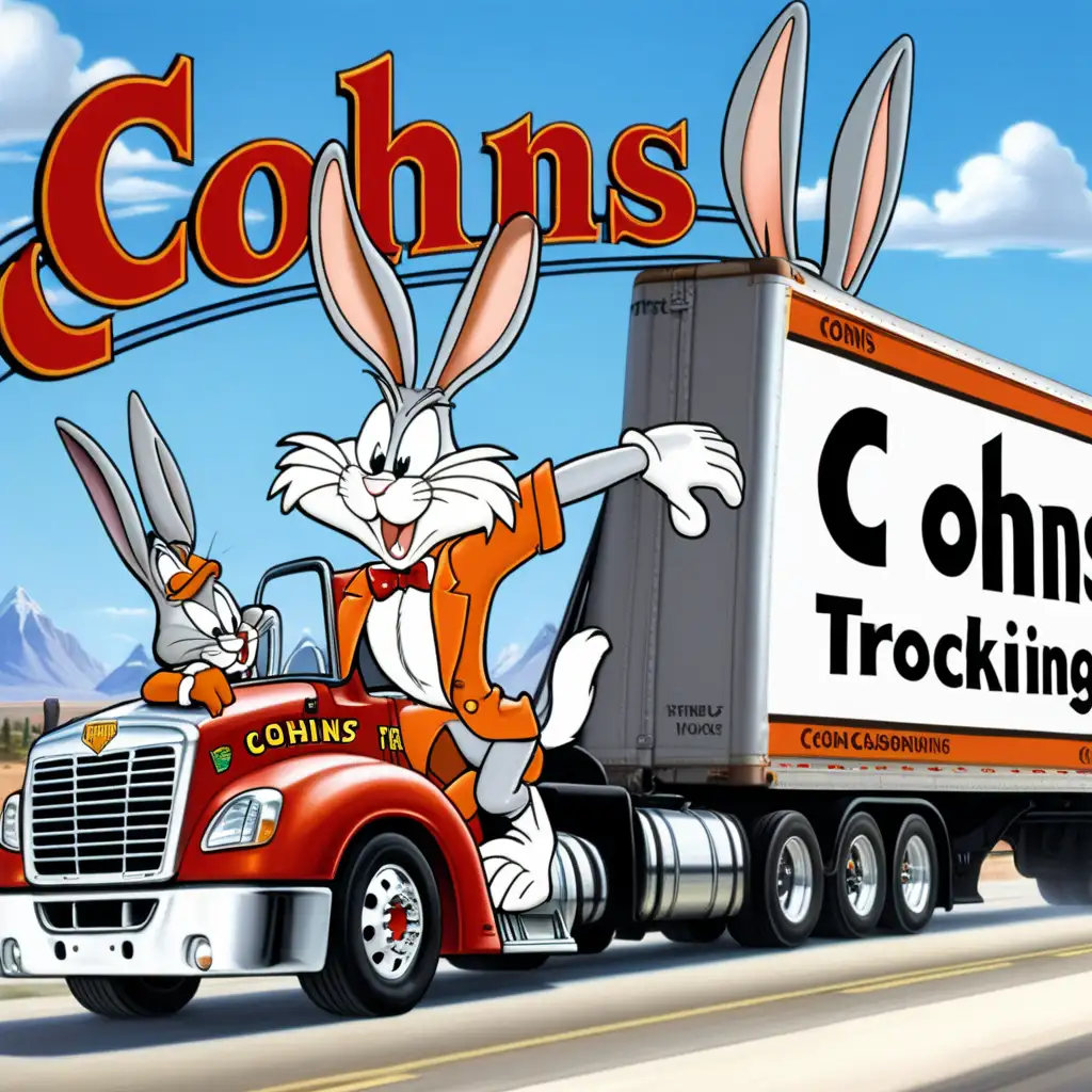   Bugs Bunny displaying a banner labeled"COHNS Trucking" spelled clearly correct, freightliner cascadia semi truck in background