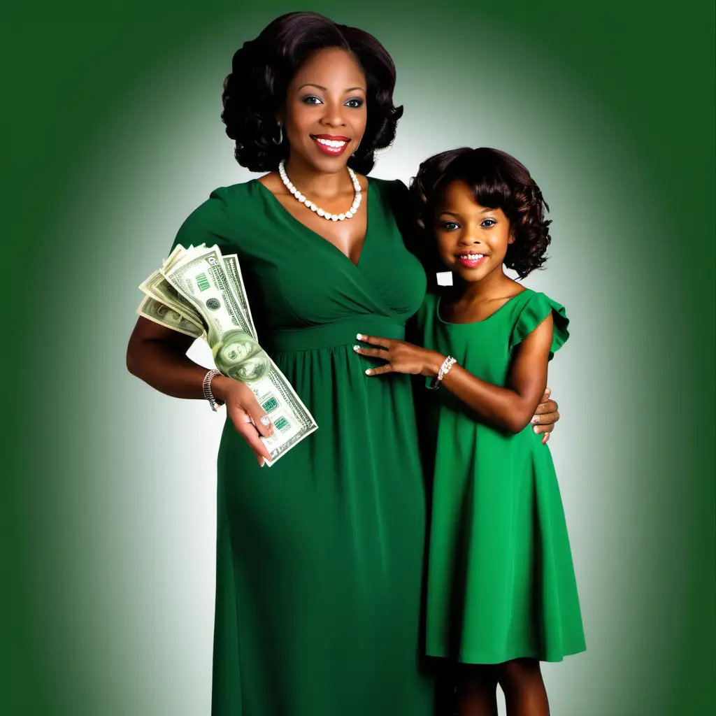 black women, 2 children, american  bank,  green dress, money