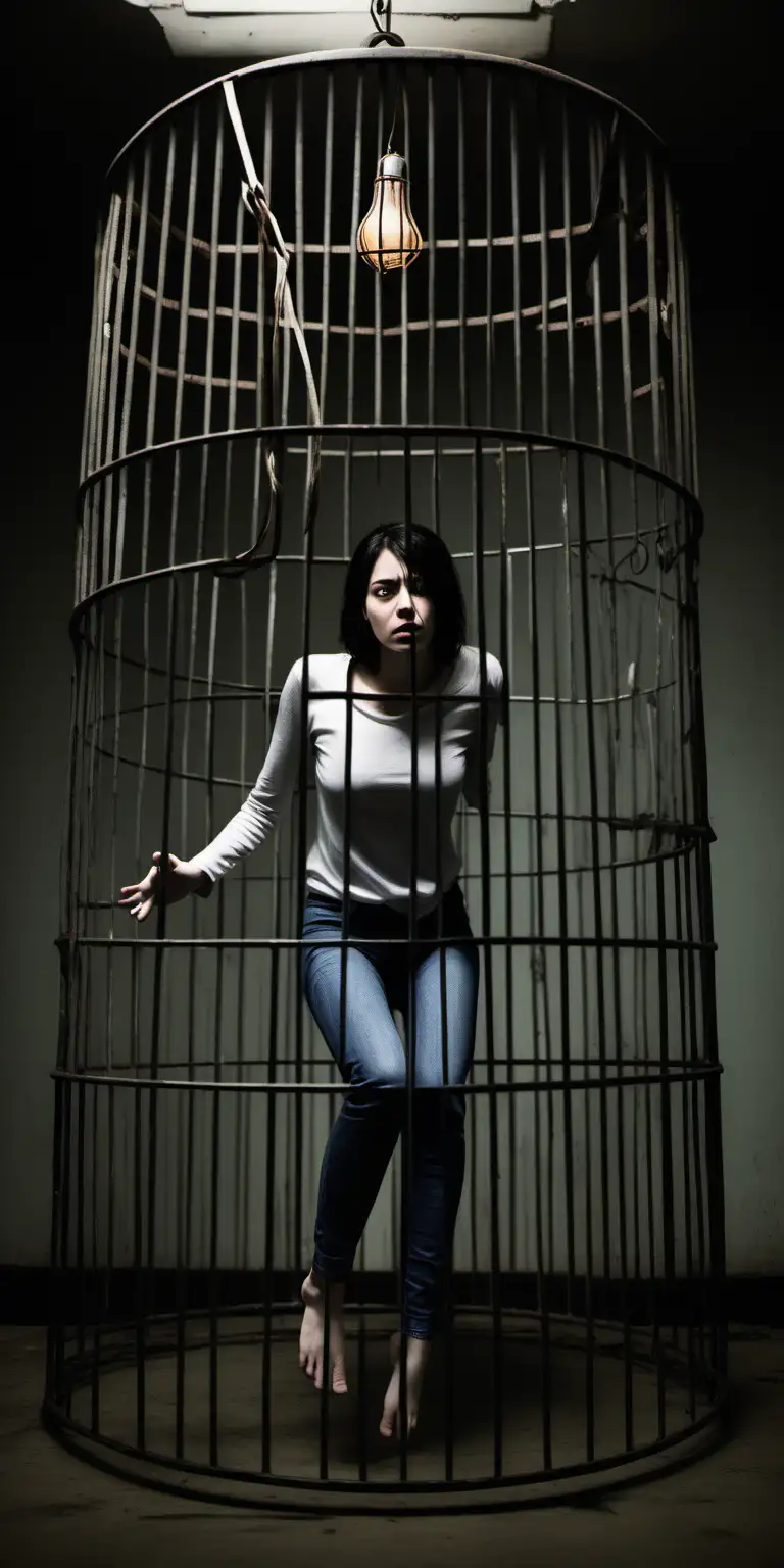 Confined Woman in Dimly Lit Cage Expressions of Anxiety and Struggle