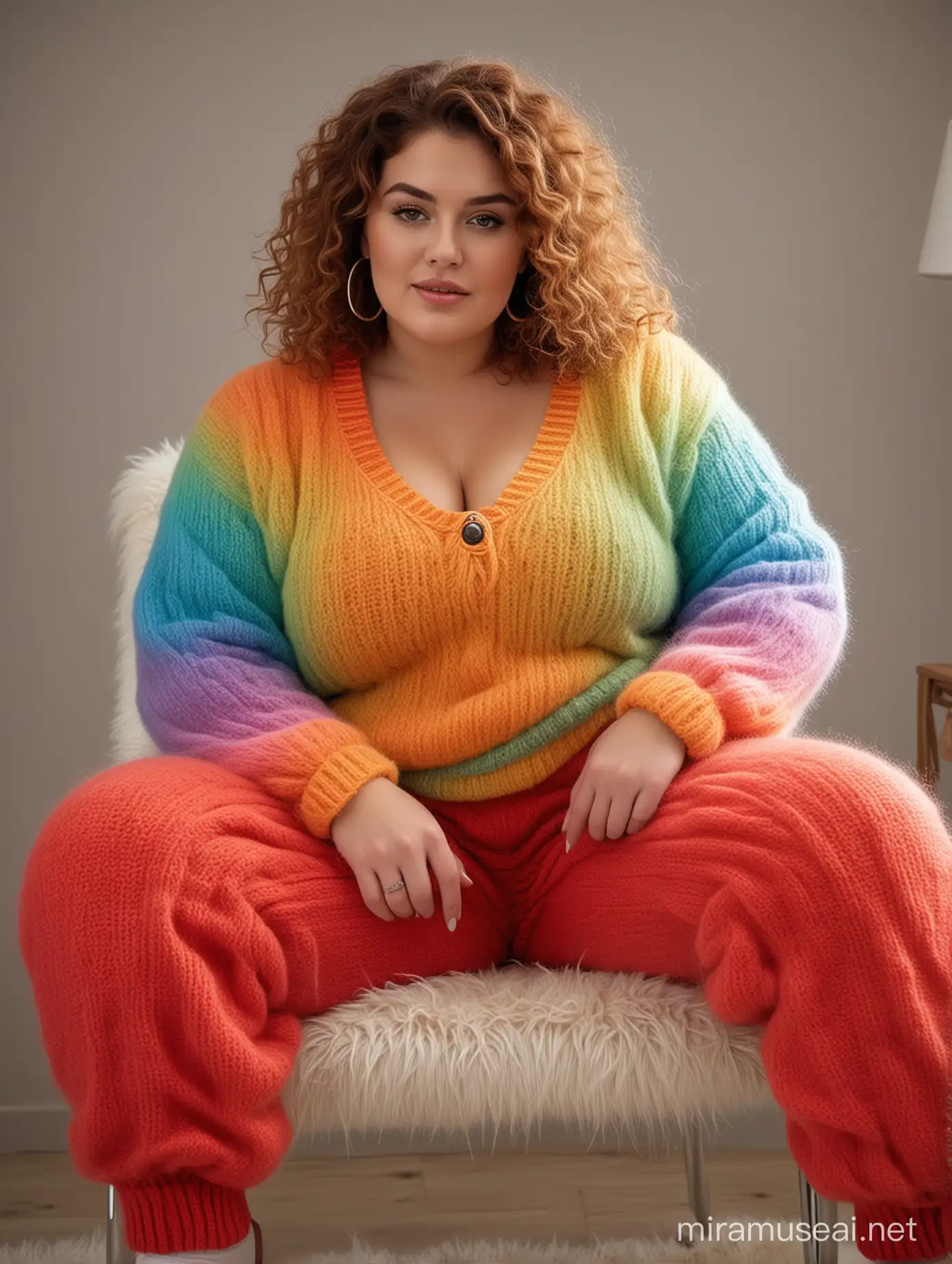 curvy woman with huge boobs dressed in fluffy rainbow-coloured thick mohair sweater and fuzzy red cable-knitted wool pants, sitting on a chair
