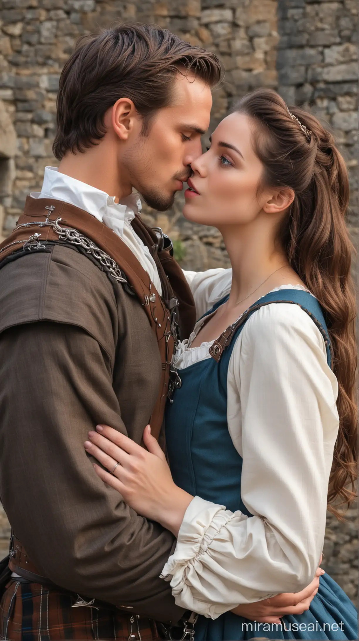 Hombre guapo pelo color castaño Escocés kilt atractivo ojos azules época medieval besando a mujer joven guapa morena
