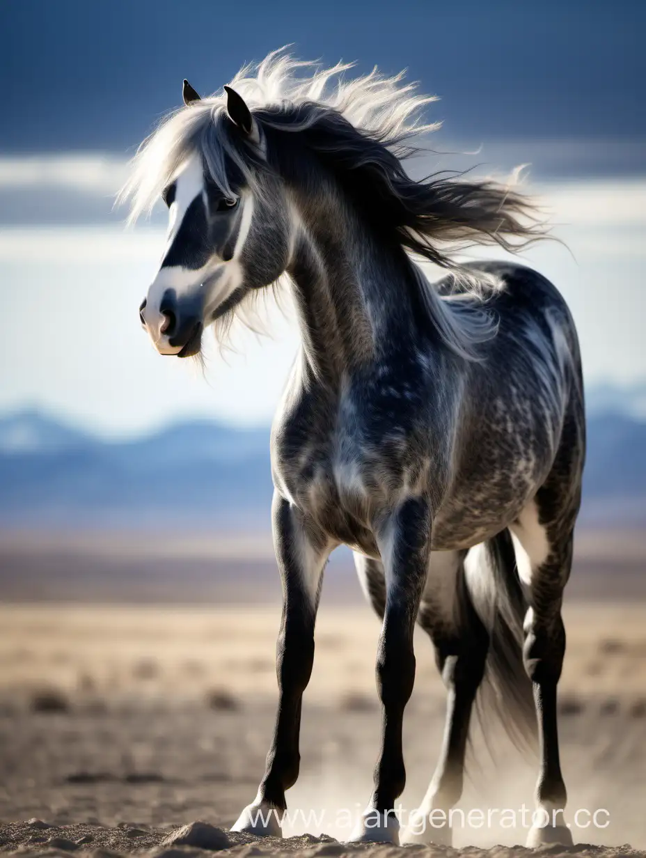 лошадь серебристо-чёрный Мустанг, во весь рост, ветреная погода, солнечно, взгляд любопытный.