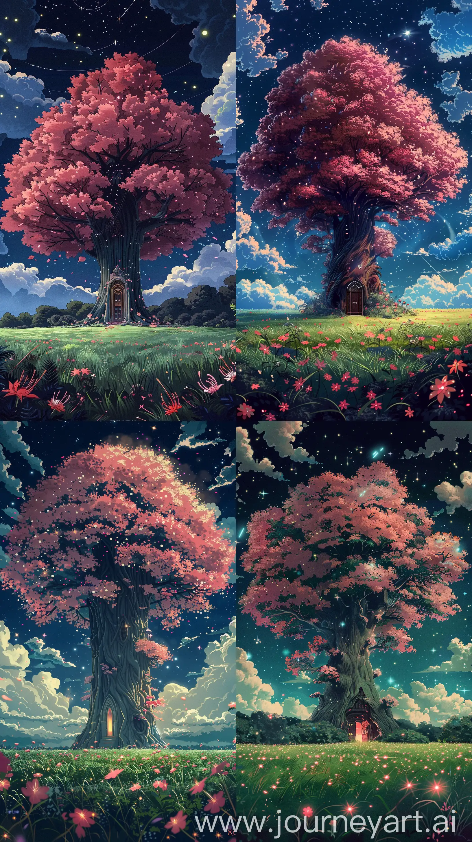 Enchanting-GhibliInspired-Nighttime-Landscape-with-Magical-Tree-and-Cosmic-Sky