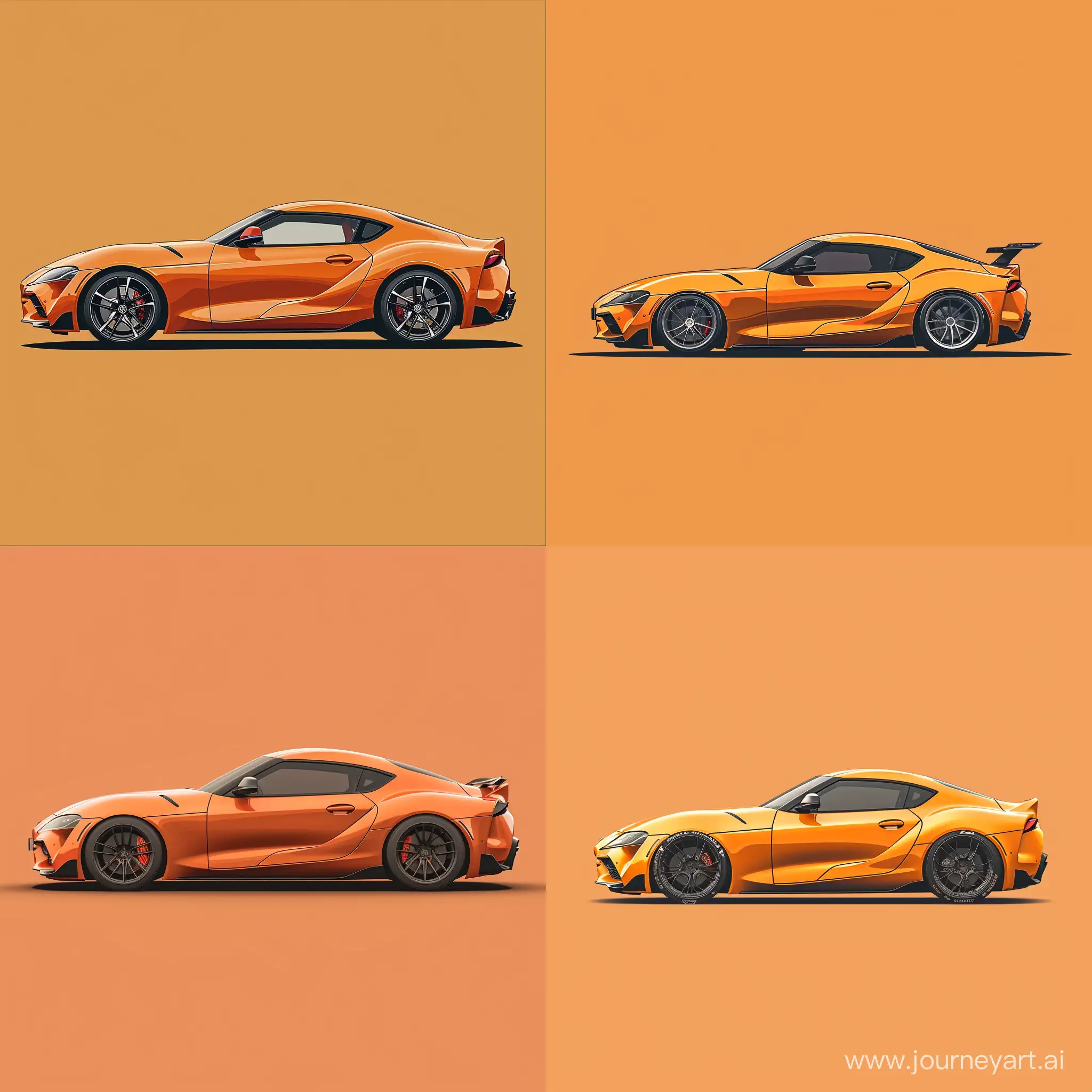 Minimal 2d Illustration Style, Orange Toyota Supra on Simple Orange Background, Side View, High Precision
