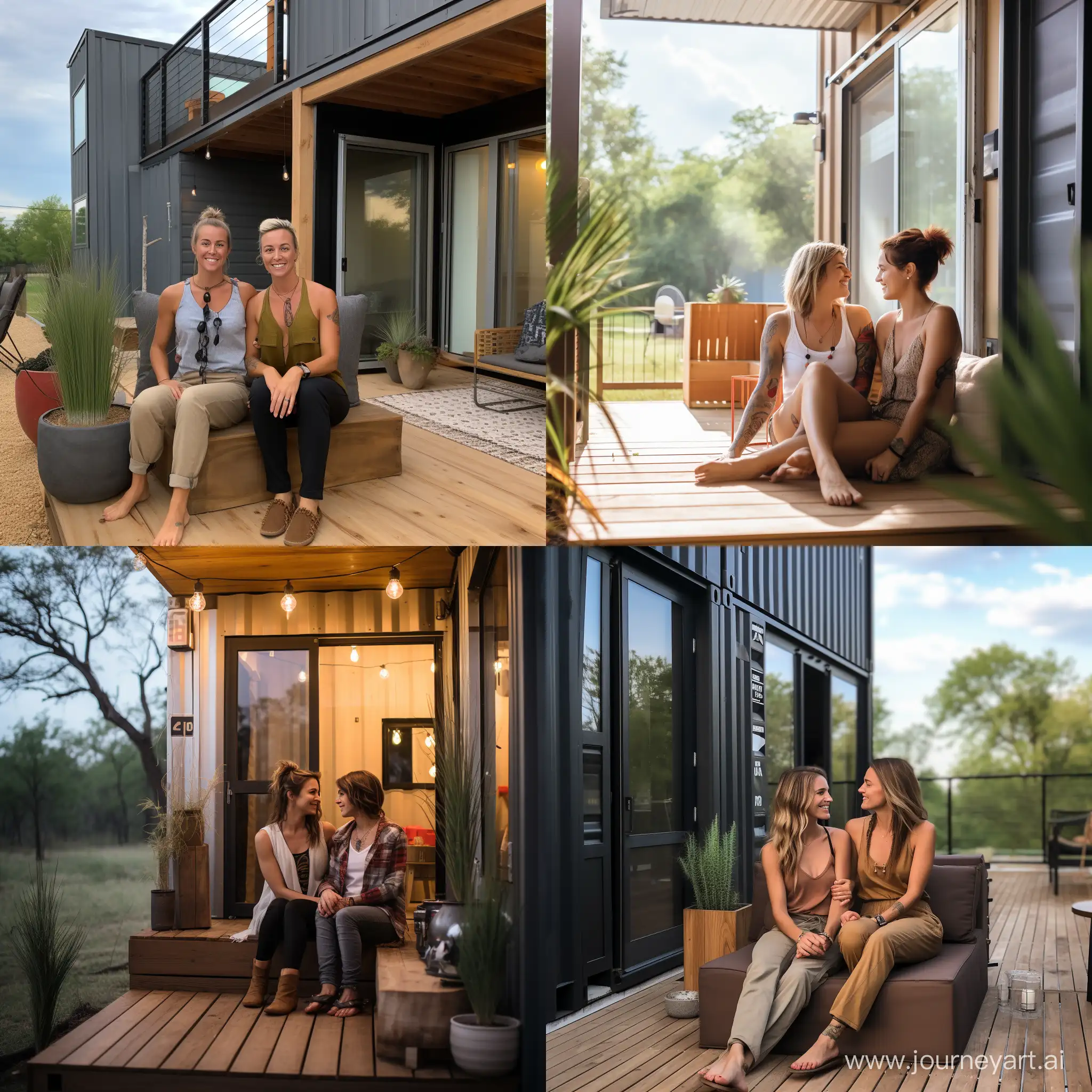 Lesbian architect couple in porch of modern container home