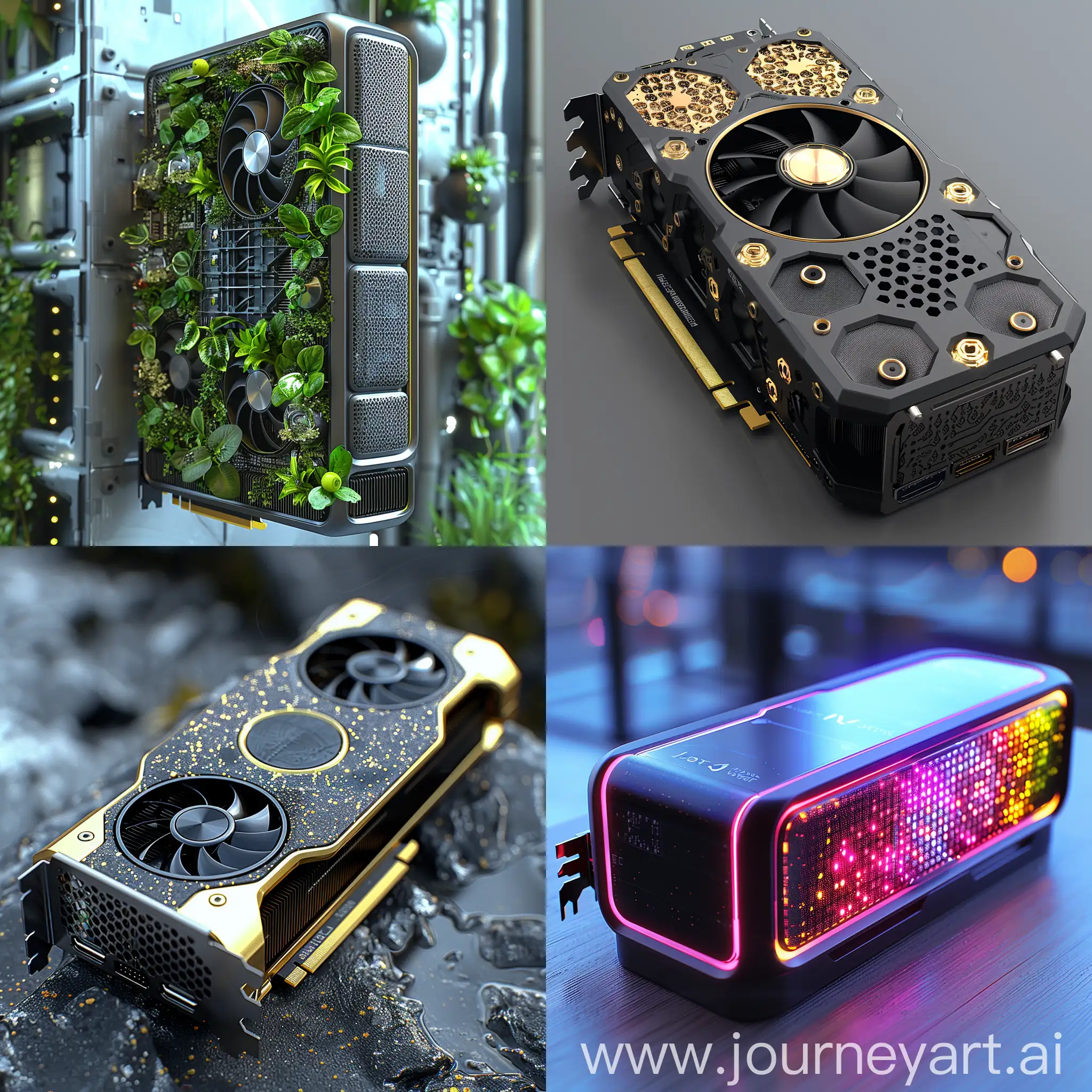 Ultramodern, futuristic PC graphics card, Biodegradable Materials, Lower Power Consumption, Passive Cooling, Smart Power Managemen, Underclocking Capabilities, Cloud Gaming Support, Modular Design, Recycled Materials, Energy-Efficient Manufacturing, Longer Lifespan, Solar Panels, Piezoelectric Technology, Kinetic Energy Harvesting, Waste Heat Capture, Radio Frequency (RF) Energy Harvesting, Water Cooling with Self-Contained Reservoir, Micro Wind Turbines, Improved Power Delivery, AI-powered Optimization, Cloud-based Power Management, octane render --stylize 1000