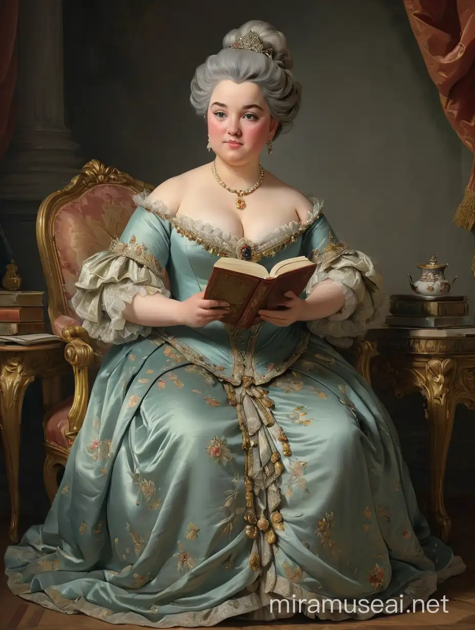 Marquise de Pompadour, ceremonial portrait. She is a little overweight, sitting in a magnificent formal dress in the style of the 18th century, holding a book in her hands, she looks very tired. WE see her in full growth, with arms and legs.