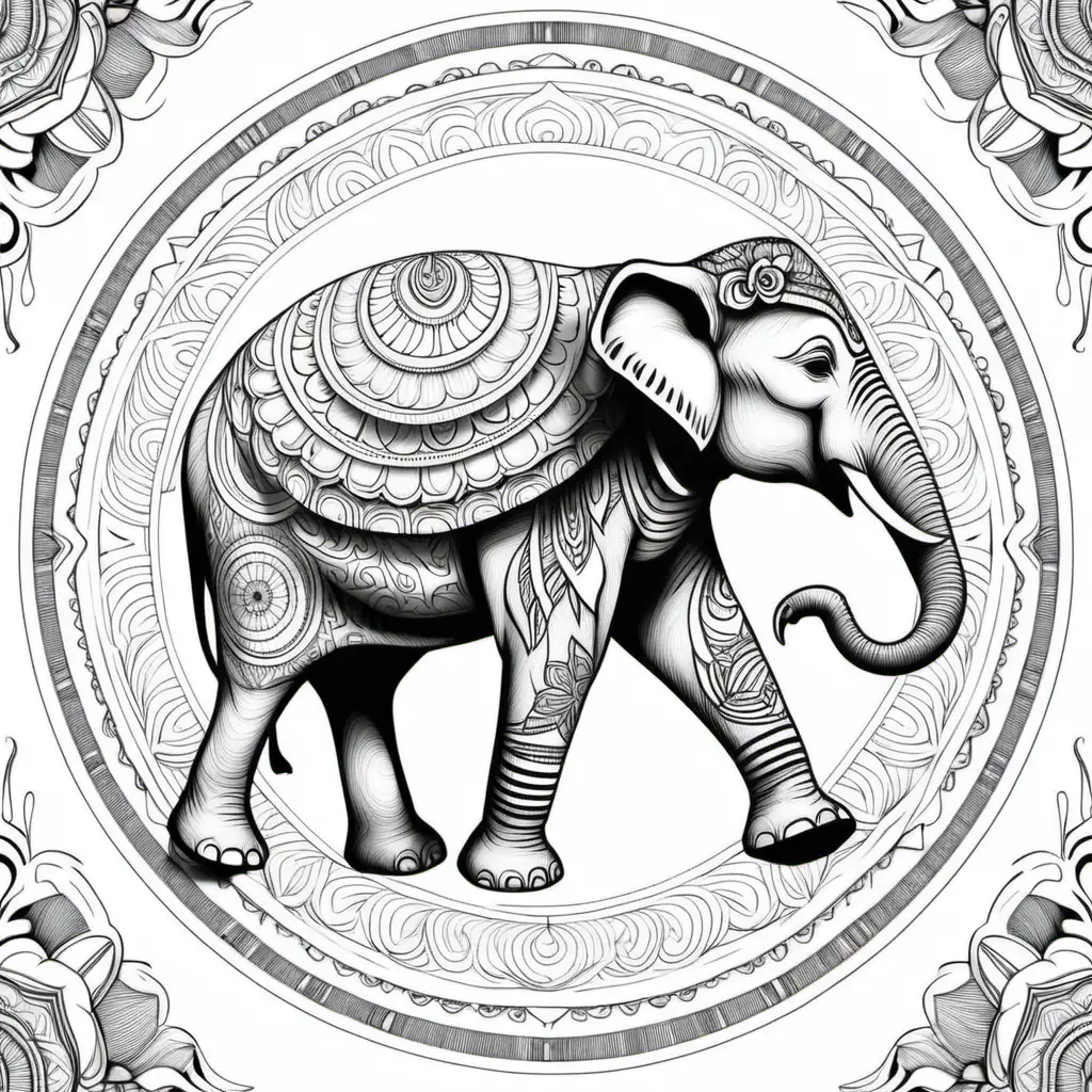 Balinese Elephant Mandala Coloring Page for Adults on White Background