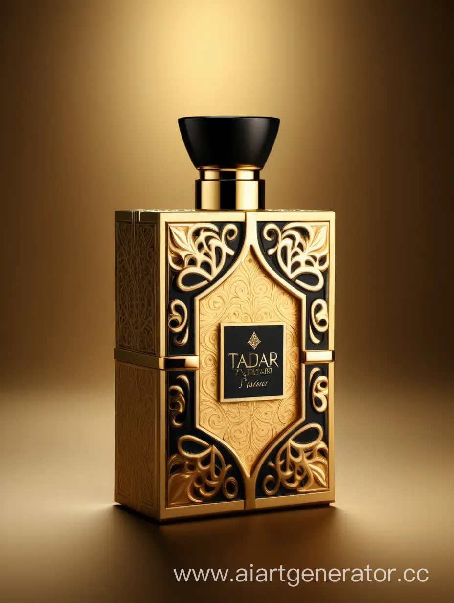 Box package design of perfume TAJDAR product, elegant, trending on artstation,   sharp focus,   studio photo,   intricate details,   highly detailed,   gold, Royal black and beige color on gold background