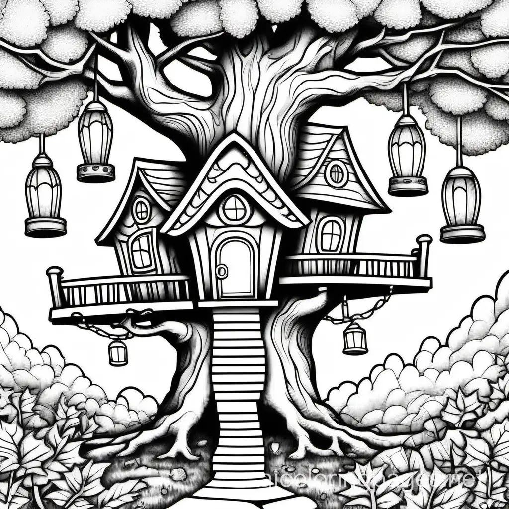 Illustrate a whimsical treehouse nestled high in the branches, surrounded by magical elements like glowing lanterns and mystical creatures., Coloring Page, black and white, line art, white background, Simplicity, Ample White Space. The background of the coloring page is plain white to make it easy for young children to color within the lines. The outlines of all the subjects are easy to distinguish, making it simple for kids to color without too much difficulty