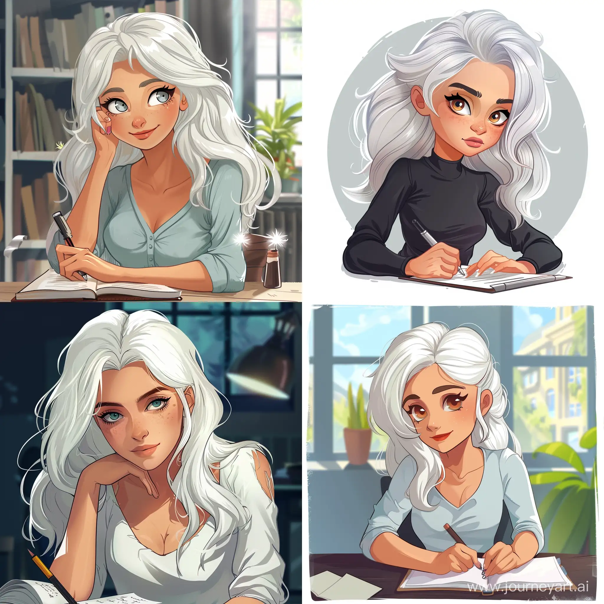 Cartoon-Beautiful-Girl-with-White-Hair-Writing-Manuscript