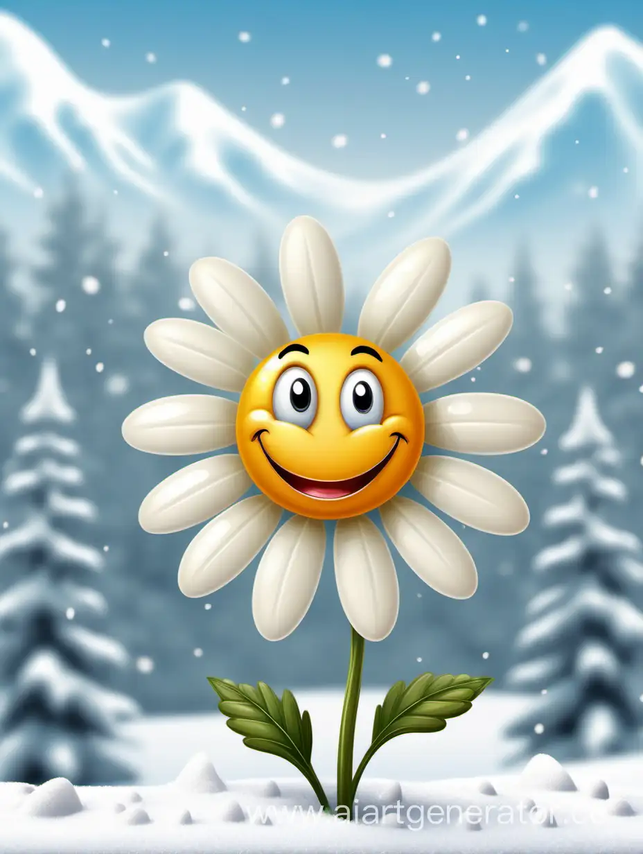 мультяшная ромашка с улыбкой на зимнем фоне