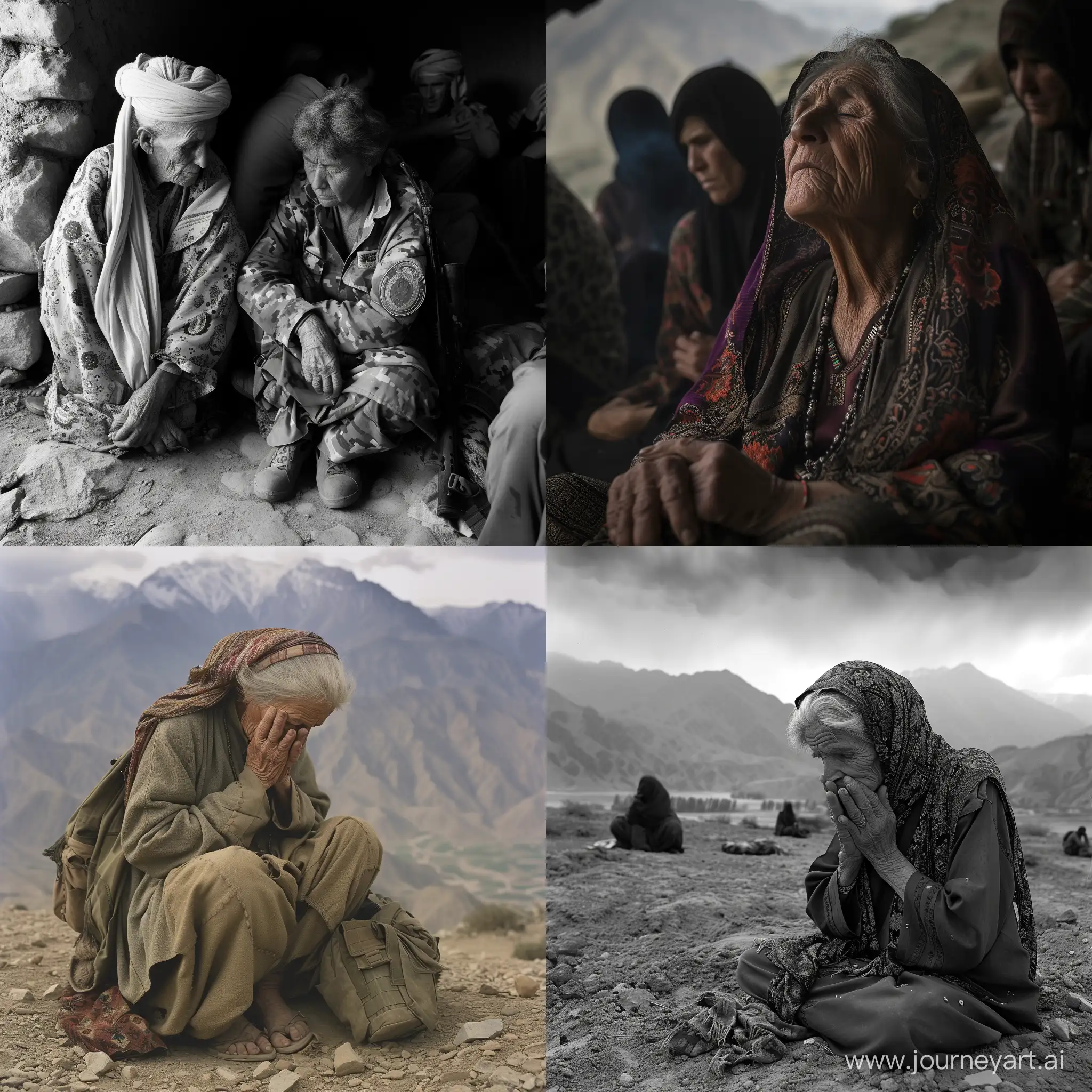 воины в ущелье Афганистана, пожилая мать оплакивает погибщего на войне сына