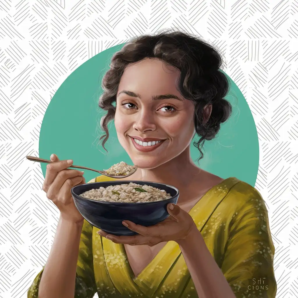 An south asian ladyt with soft curls  hair and a smile, eating suji upma, yellow dress 2d realistic artcolors-2d-flat-art-creative