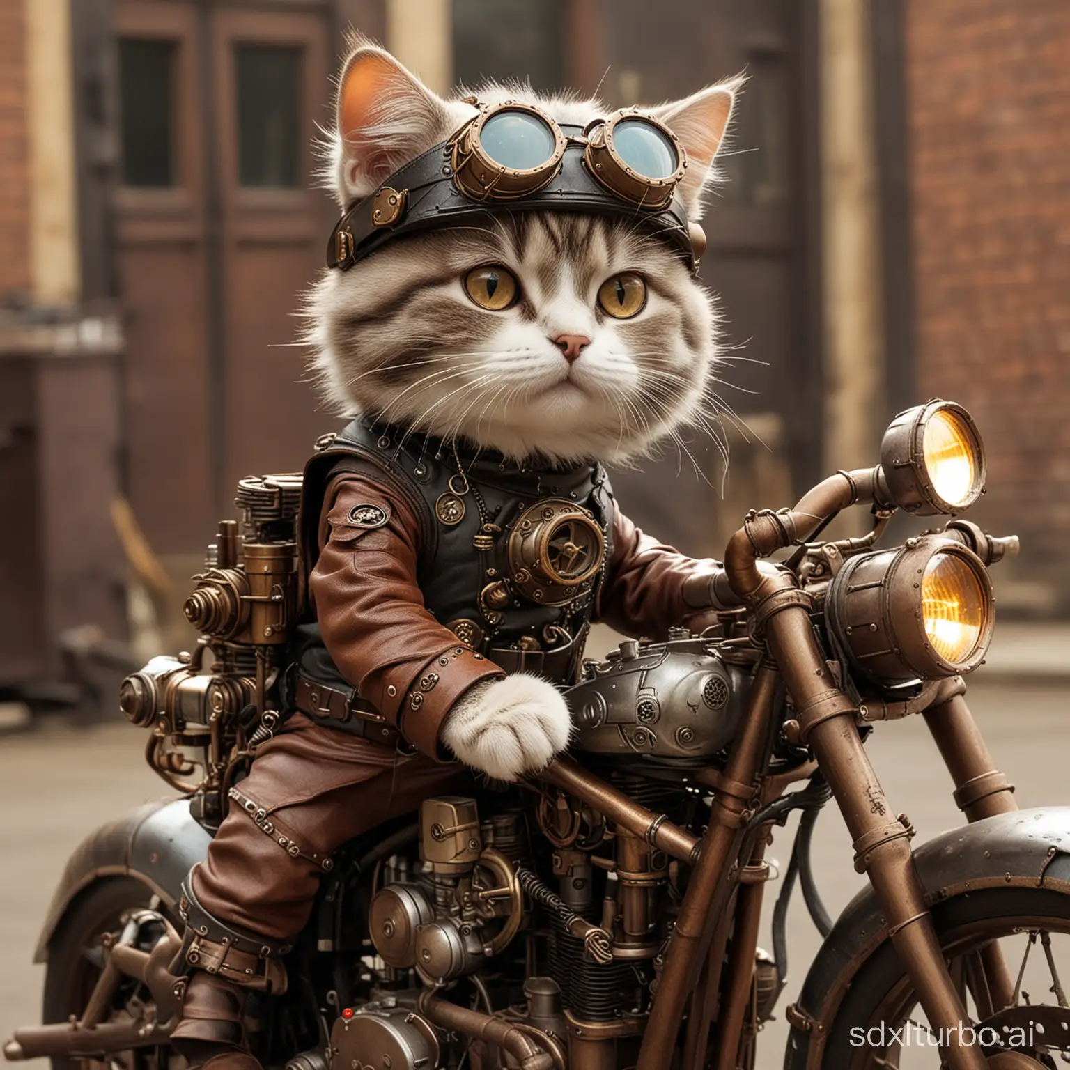 a steampunk cat in a motocycle