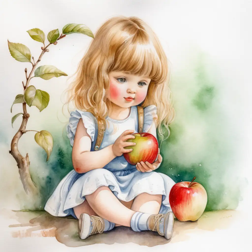 En liten söt flicka sitter ner med ett äpple i sin hand som hon håller framför sig, på äpplet itter en söt liten larv. Med vattenfärg 