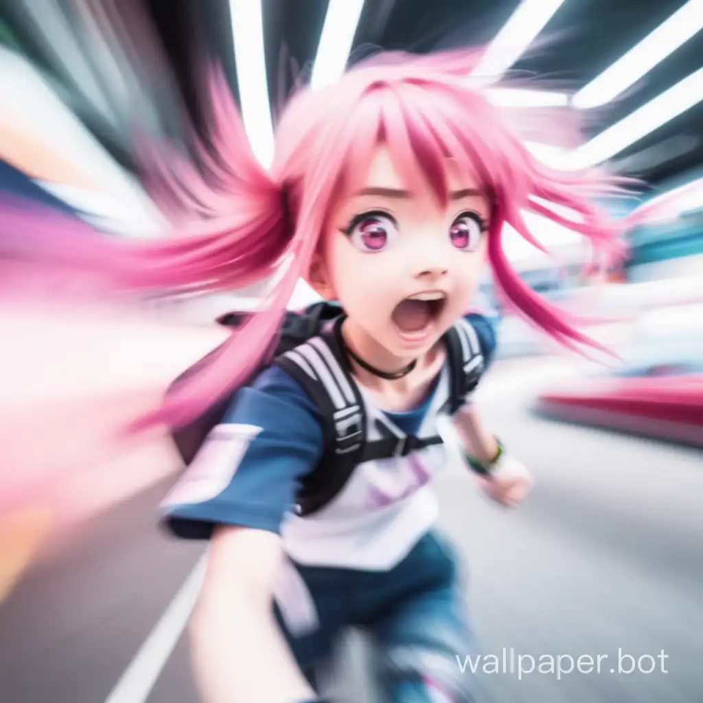 blurry anime girl with pink hair going really fast at high speed
