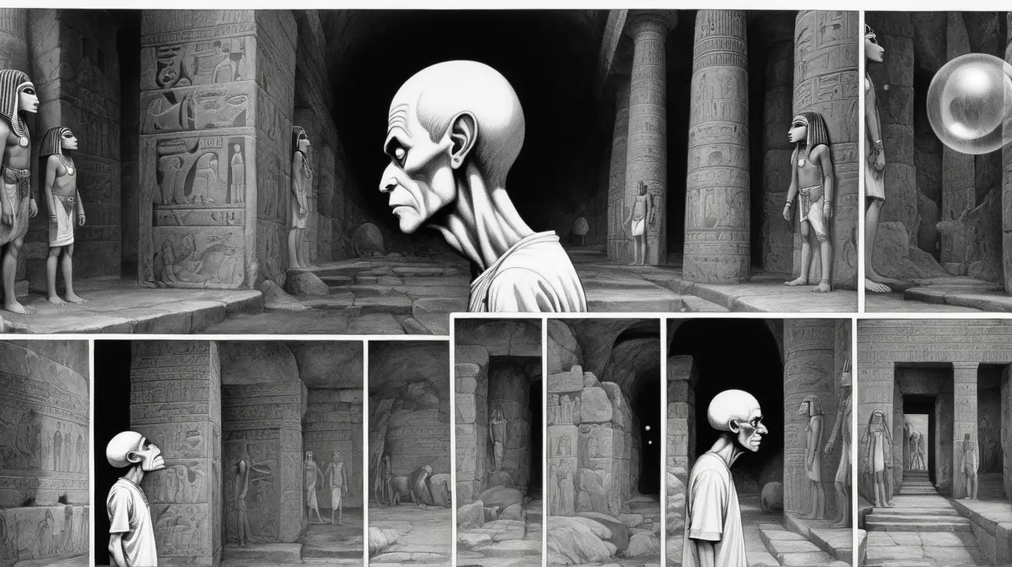 Generate a sequence of images depicting a mysterious old man in an ancient Egyptian temple. Begin with a profile view capturing the subtle vibrations starting from the temple walls. Progress through zoomed-in shots of the old man's face, each bubble in the dialogue corresponds to a distinct image. Convey the increasing tension in the atmosphere, with the old man's expression becoming more ominous by the sixth image just before he pushes the character named Aether down the hole. Ensure the images capture the eerie ambiance inspired by the styles of Junji Ito, H.R. Giger, and J.M.W. Turner