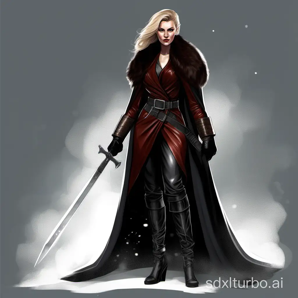 A detailed, professional concept art of a beautiful, attractive, powerful nordic female in an elegant, opulent, practical outfit that is a cross between a WW2 military officer uniform, Sith robe and Viking seer/priestess garb with a fur-lined cape, leather gloves and knee-high boots.