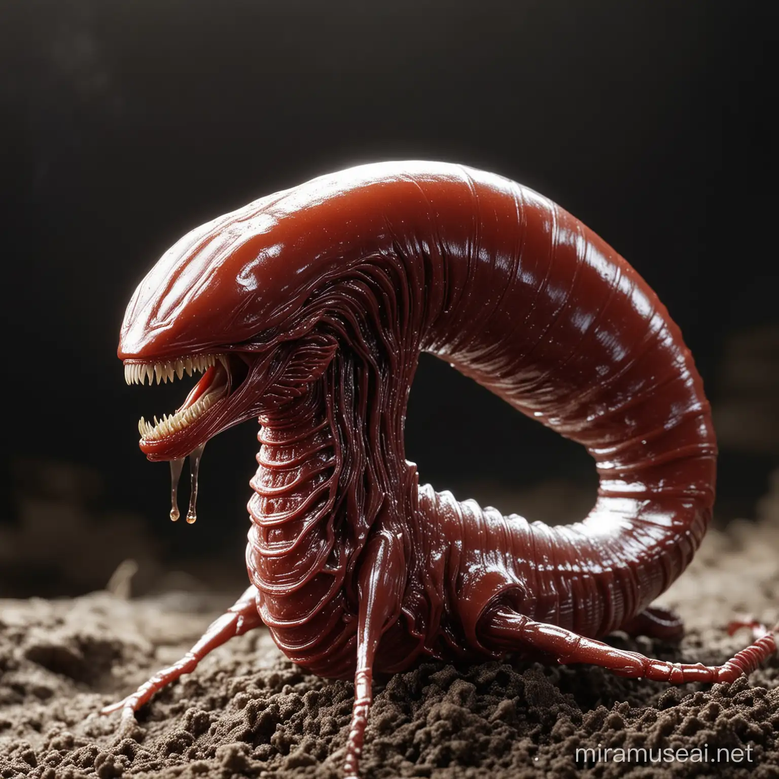 Hybrid slug without shell and xenomorph, very shiny body surface, like red soap. The hybrid slug has the head of a xenomorph, a long neck with protruding veins. Head very shiny, finely patterned in steampunk style, white teeth, flowing saliva, ukiyo-e, photo, cinematic