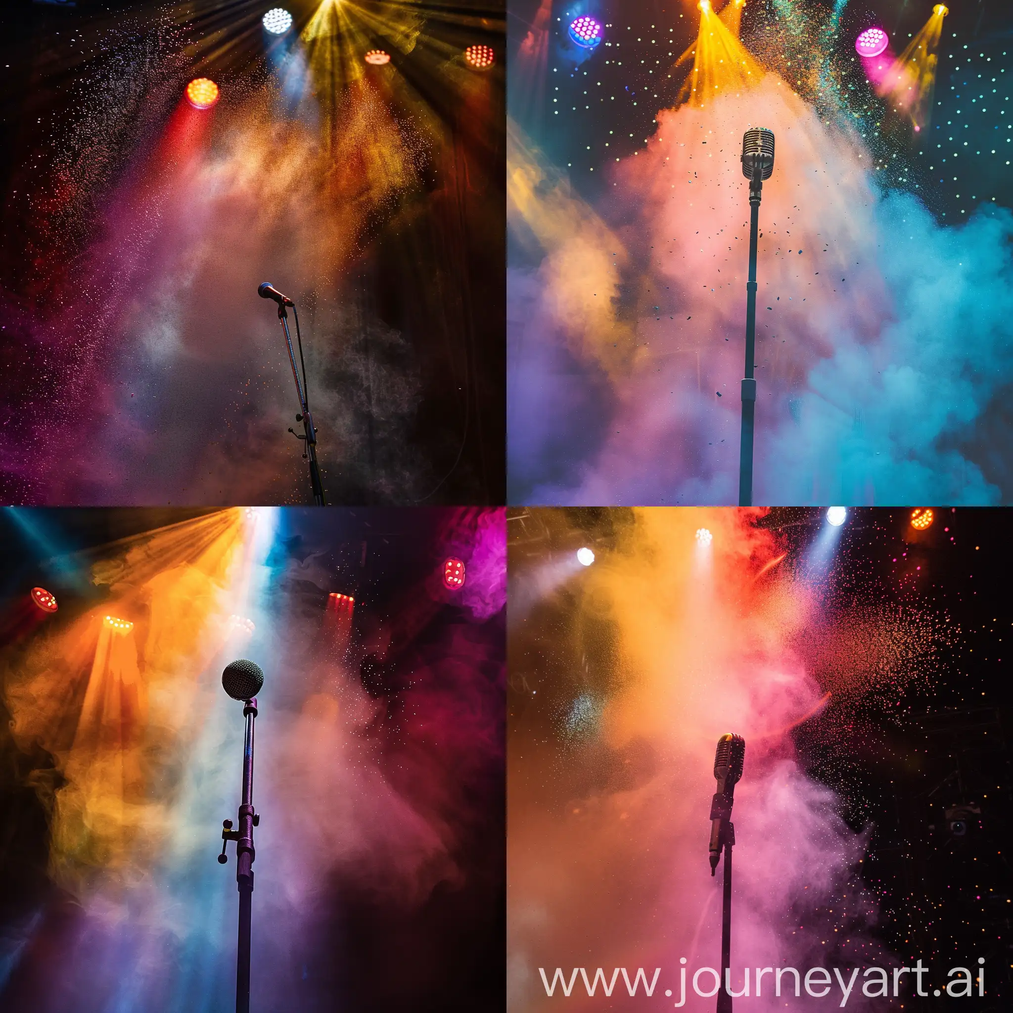 Микрофон на сцене, разноцветная пыль, вид снизу, свет софитов