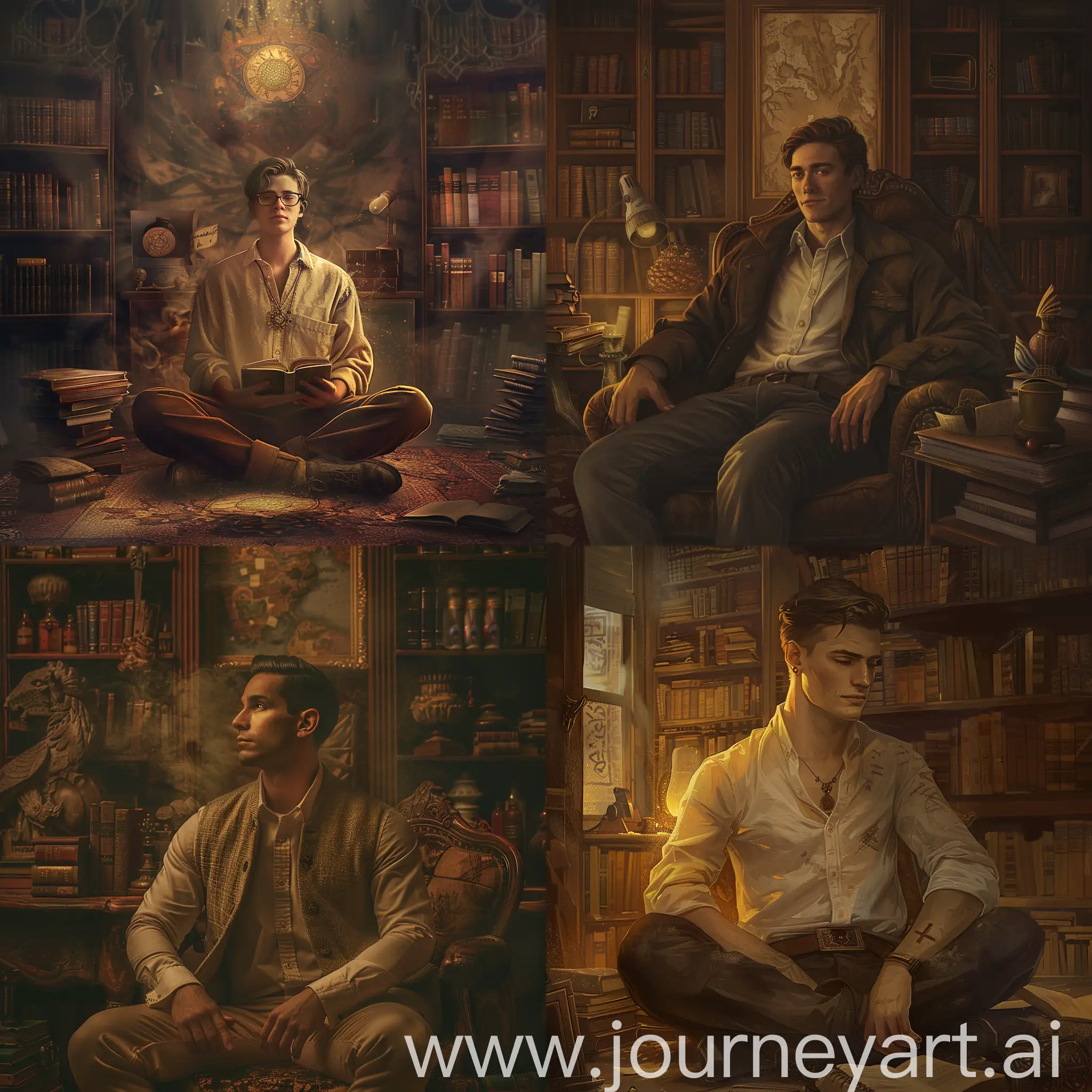 /imagine prompt: A classic portrait of the consistent character, this time seated, with a relaxed body posture and a thoughtful expression. The setting is a vintage study room filled with books and artifacts from their adventures. The warm ambient lighting accentuates the character's features and the rich textures of the room, creating an intimate atmosphere. Created Using: vintage setting, seated posture, thoughtful expression, warm lighting, rich textures, intimate atmosphere, detailed background, classic portrait style --ar 1:1 --v 6.0