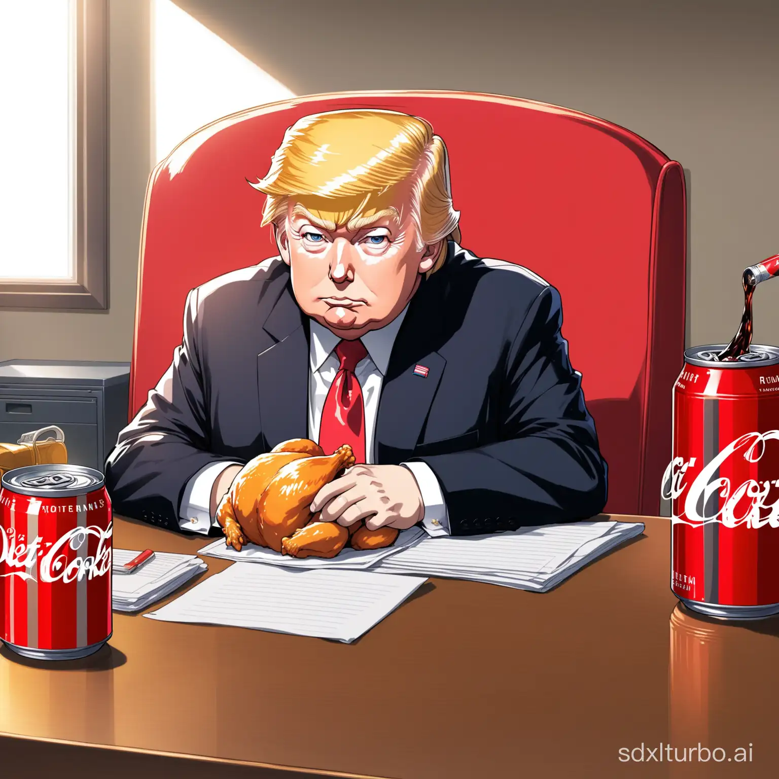 Anime donald trump sitting at a desk with a bucket of chicken and a can of diet coke