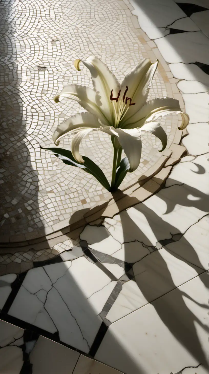 White Lily Emerging from Cracked Roman Mosaic in Brightly Lit Room