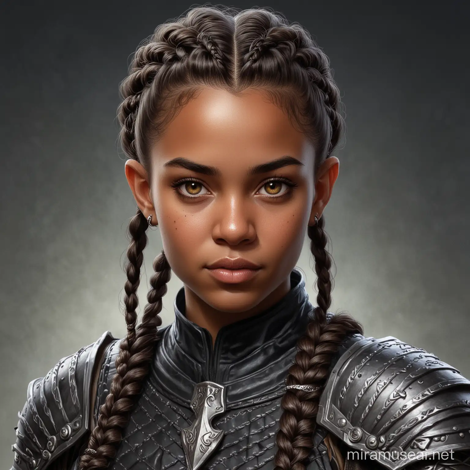 black halfling girl, cornrow hair, armor, dungeons and dragons, hyperrealistic, portrait